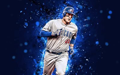 Anthony Rizzo, 4k, MLB, Chicago Cubs, baseman, baseball, Anthony Vincent Rizzo, Major League Baseball, neon lights, Anthony Rizzo Chicago Cubs, Anthony Rizzo 4K