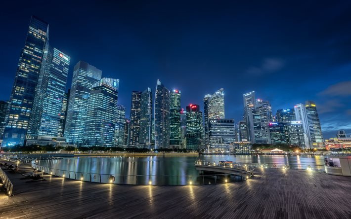 Singapour, Marina Bay, centre d&#39;affaires, soir&#233;e, gratte-ciel, Tanjong Pagar Centre, Guoco Tour, Marina Bay Financial Centre Tower 2, les b&#226;timents modernes, paysage, Asie