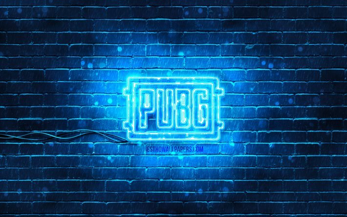 Pugb logo bleu, 4k, bleu brickwall, PlayerUnknowns les champs de bataille, Pugb logo, jeux de 2020, Pugb n&#233;on logo, Pugb