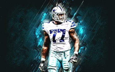 Tyron Smith, Dallas Cowboys, NFL, american football, portrait, blue stone background, American football, National Football League, USA