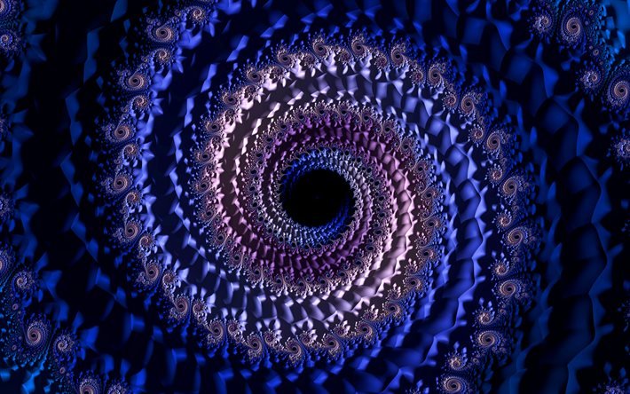 4k, sininen py&#246;rre, kukka koristeet, fraktaali, luova, kierre, abstrakti vortex, 3D art, vortex, fraktaalit