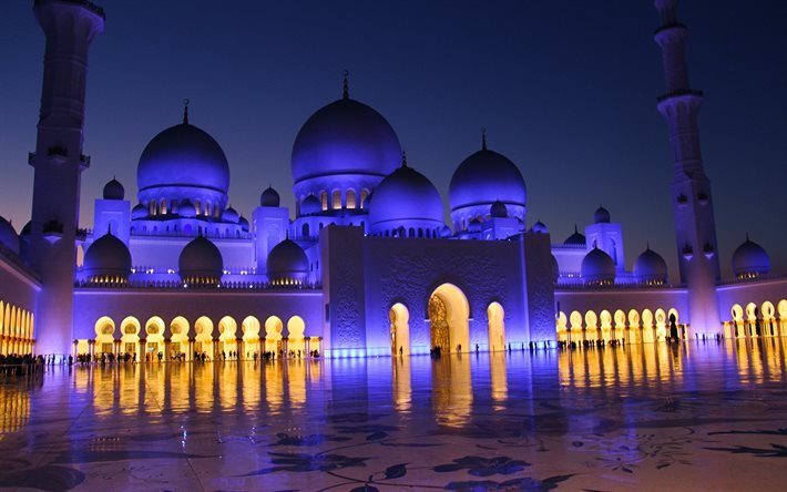 Moschea di Sheikh Zayed, la notte, la moschea di Abu Dhabi, negli EMIRATI arabi, l&#39;Islam, Emirati Arabi Uniti, Abu Dhabi
