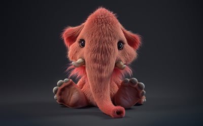 pink elephant, 4k, 3D art, little mammoth, cute animals, creative, elephant, mammoth