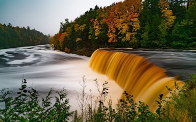 Tahquamenon Falls, Luce County, evening, waterfall, forest, river, beautiful waterfall, Michigan, USA