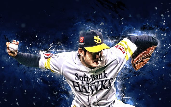 Rei Takahashi, 4k, Fukuoka Softbank Hawks, pitcher, baseball, Takahashi Rei, neon lights, Nippon Professional Baseball, Rei Takahashi 4K
