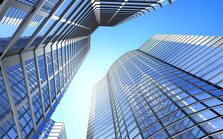 moderne geb&#228;ude, ansicht von unten, ansicht von unten der moderne wolkenkratzer, moderne architektur, blauer himmel, business-center, fassaden