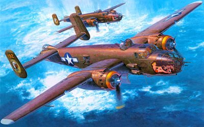 North American B-25 Mitchell, obras de arte, bombardeiros, aeronaves de ataque, B-25, Ex&#233;rcito Americano, avi&#245;es de combate, Ex&#233;rcito dos EUA