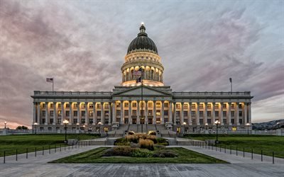 Utah State Capitol, Salt Lake City, evening, sunset, USA flag, flagpole, Utah, USA, house of government