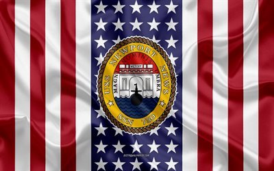 uss newport news-emblem, ssn-750, american flag, us-navy, usa, uss newport news-abzeichen, us-kriegsschiff, wappen der uss newport news