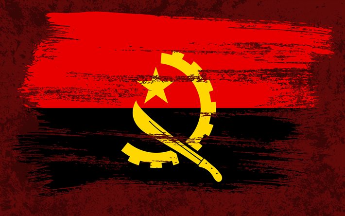 4k, bandiera dell&#39;Angola, bandiere del grunge, paesi africani, simboli nazionali, pennellata, bandiera angolana, arte grunge, Africa, Angola