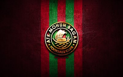 ATK Mohun Bagan FC, golden logo, ISL, purple metal background, football, indian football club, ATK Mohun Bagan FC logo, soccer, India, ATK Mohun Bagan