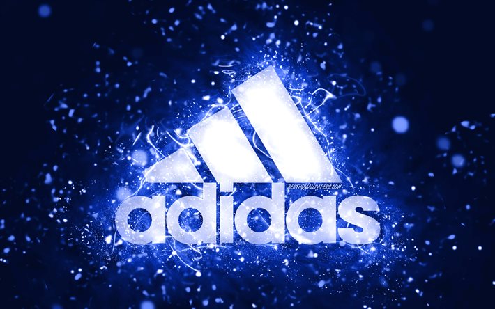 adidas dunkelblaues logo, 4k, dunkelblaue neonlichter, kreativer, dunkelblauer abstrakter hintergrund, adidas logo, marken, adidas