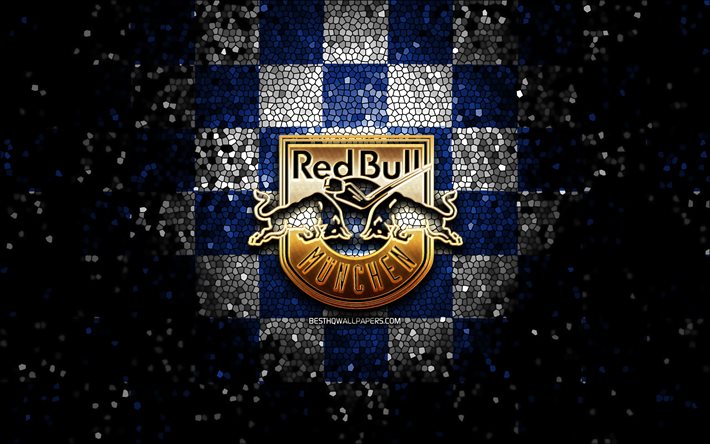 EHC Red Bull Munchen, logo glitter, DEL, sfondo blu a scacchi bianchi, hockey, squadra tedesca di hockey, logo EHC Red Bull Munchen, arte del mosaico, Deutsche Eishockey Liga, campionato tedesco di hockey