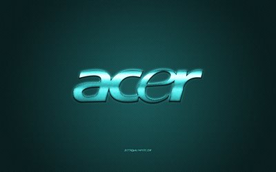 Acer-logo, turkoosi hiili-tausta, Acer-metallilogo, Acer-turkoosi-tunnus, Acer, turkoosi-hiilikuvio