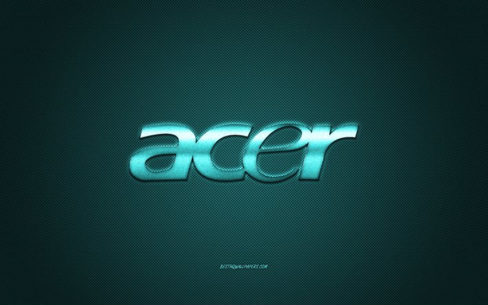 Logo Acer, fond carbone turquoise, logo m&#233;tal Acer, embl&#232;me Acer turquoise, Acer, texture carbone turquoise