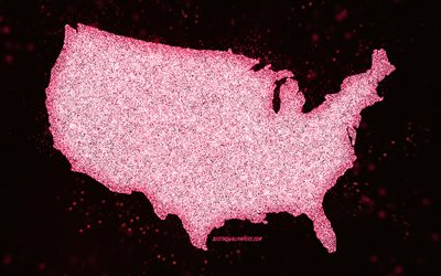 USA glitter karta, svart bakgrund, USA karta, rosa glitter konst, Karta &#246;ver USA, kreativ konst, USA rosa karta, USA