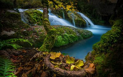 Cascada de Saseta, waterfall, stones, green moss, beautiful waterfall, Burgos, Spain