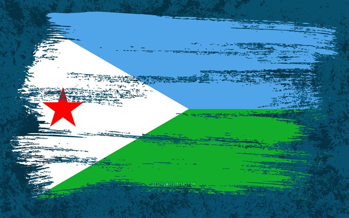 4k, Djiboutis flagga, grungeflaggor, afrikanska l&#228;nder, nationella symboler, penseldrag, grungekonst, Afrika, Djibouti