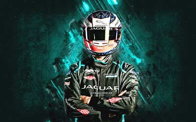 Mitch Evans, Panasonic Jaguar Racing, Formula E, New Zealand racing driver, turquoise stone background