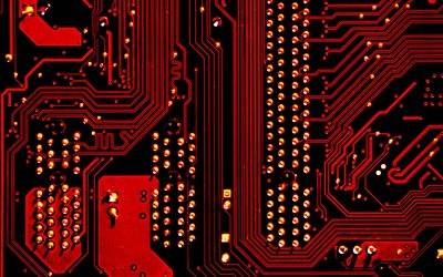 textura da placa de circuito vermelha, textura digital do circuito vermelho, placa de circuito, fundo de tecnologia vermelho, placa de circuito vermelha