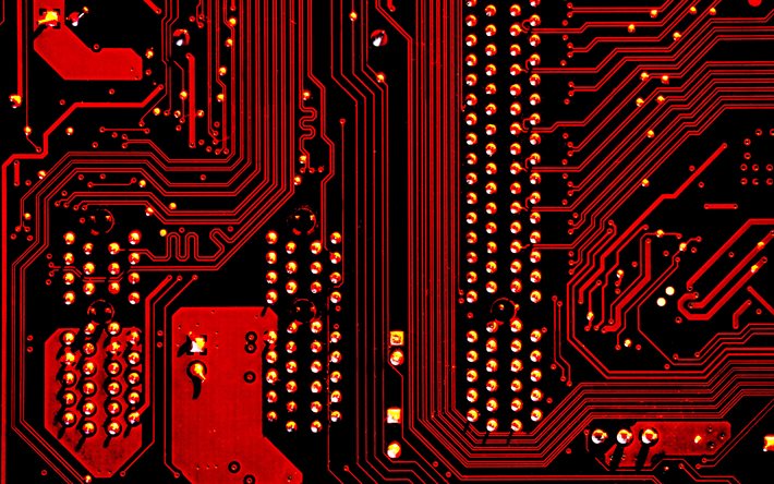trama del circuito rosso, trama digitale del circuito rosso, circuito stampato, sfondo rosso della tecnologia, circuito rosso