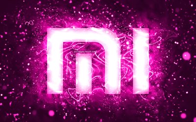Logotipo roxo da Xiaomi, 4k, luzes de néon roxas, criativo, fundo abstrato roxo, logotipo da Xiaomi, marcas, Xiaomi