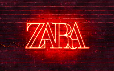 Zara-punainen logo, 4k, punainen tiilisein&#228;, Zara-logo, muotimerkit, Zara-neon-logo, Zara