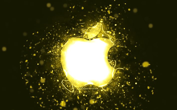 Apple yellow logo, 4k, yellow neon lights, creative, yellow abstract background, Apple logo, brands, Apple