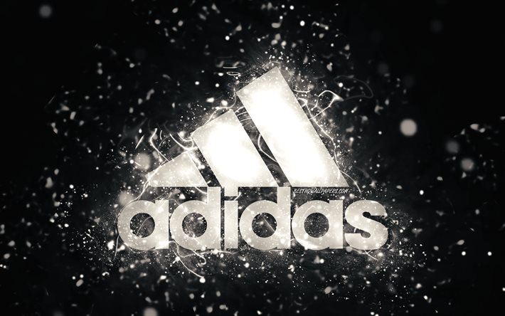 Logo bianco Adidas, 4k, luci al neon bianche, creativo, sfondo astratto bianco, logo Adidas, marchi, Adidas