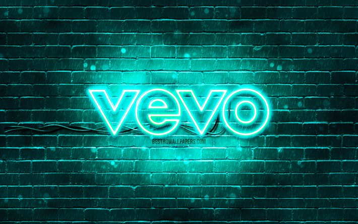 Logotipo turquesa Vevo, 4k, parede de tijolos turquesa, logotipo Vevo, marcas, logotipo Vevo neon, Vevo