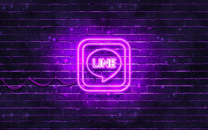 Logo violet LINE, 4k, mur de briques violet, logo LINE, messagers, logo n&#233;on LINE, LINE