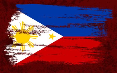 4k, Bandeira das Filipinas, bandeiras do grunge, pa&#237;ses asi&#225;ticos, s&#237;mbolos nacionais, pincelada, bandeira das Filipinas, arte do grunge, &#193;sia, Filipinas