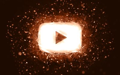 Youtubeの茶色のロゴ, 4k, 茶色のネオンライト, ソーシャルネットワーク, creative クリエイティブ, 茶色の抽象的な背景, ユーチューブ  ロゴ, YouTube