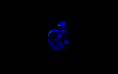 Apple dark blue logo, 4k, minimalism, black background, Apple abstract logo, Apple 3D logo, creative, Apple