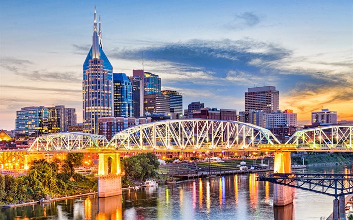 Nashville, Tennessee, noite, p&#244;r do sol, arranha-c&#233;us, edif&#237;cio ATT, horizonte de Nashville, paisagem urbana de Nashville, EUA