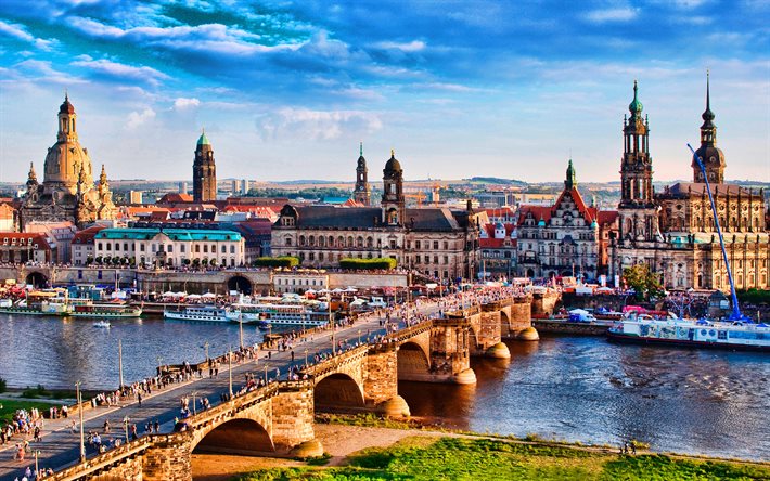 Pont Augustus, Dresde, paysages urbains d&#39;horizon, &#233;t&#233;, villes allemandes, Europe, Allemagne, villes d&#39;Allemagne, Dresde Allemagne, paysages urbains, HDR