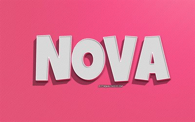 Nova, fond de lignes roses, fonds d&#39;&#233;cran avec noms, nom Nova, noms f&#233;minins, carte de voeux Nova, dessin au trait, photo avec nom Nova