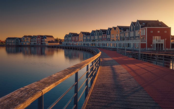 Houten, Lago Rietplas, mattina, alba, case in legno, paesaggio urbano di Houten, Paesi Bassi