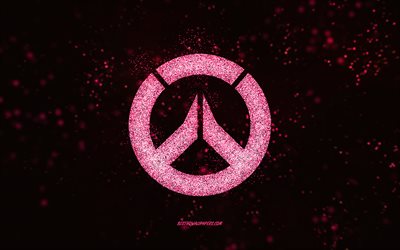 overwatch glitter logo, schwarzer hintergrund, overwatch logo, rosa glitzer kunst, overwatch, kreative kunst, overwatch rosa glitter logo