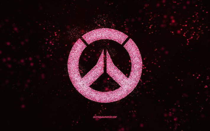 overwatch glitter logo, schwarzer hintergrund, overwatch logo, rosa glitzer kunst, overwatch, kreative kunst, overwatch rosa glitter logo