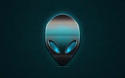 Alienware glitter logotyp, kreativa, bl&#229; metall bakgrund, Alienware-logotypen, varum&#228;rken, Alienware