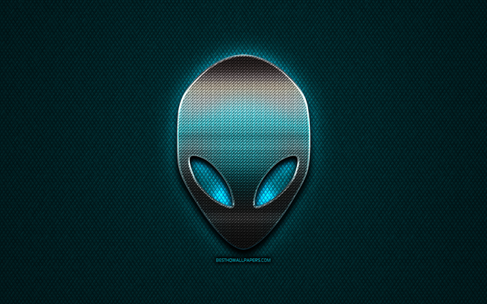 Alienware glitter logo, creative, blue metal background, Alienware logo, brands, Alienware