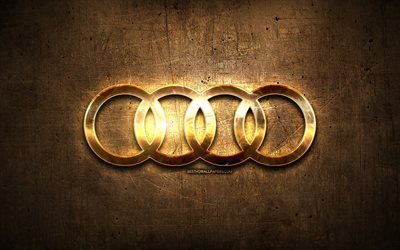 Audi oro logotipo, marcas de coches, obras de arte, marr&#243;n metal de fondo, creativo, logotipo de Audi, marcas, Audi