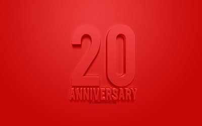 20 years anniversary, Red 3d art, greeting card, 3d anniversary art, 20 anniversary label