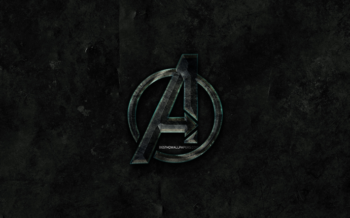 Avengers stone logo, black stone background, Avengers, creative, grunge, Avengers logo