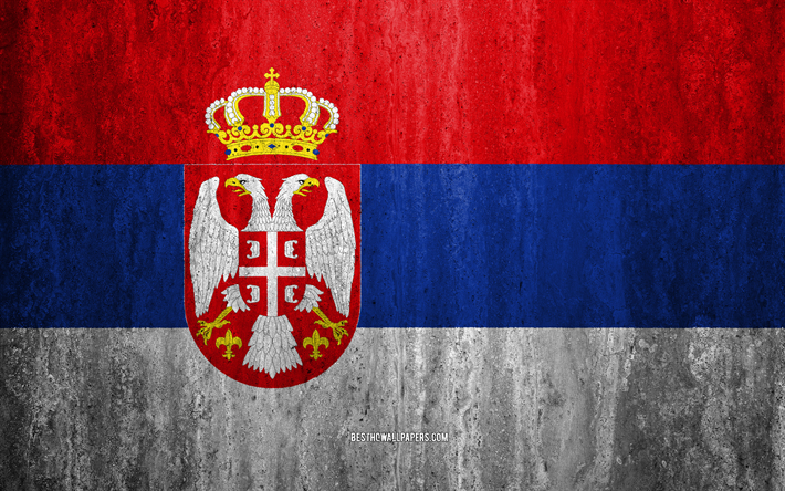 صربيا العلم, 4k, الحجر الخلفية, أوروبا, علم صربيا, الجرونج الفن, الرموز الوطنية, صربيا, الحجر الملمس