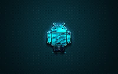 Android logo bleu, cr&#233;atif blue art, Android embl&#232;me, fond bleu fonc&#233;, Android, le logo