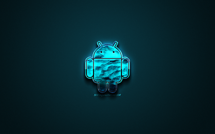 Android-bl&#229; logo, kreativa bl&#229; art, Android-emblem, m&#246;rk bl&#229; bakgrund, Android, logotyp