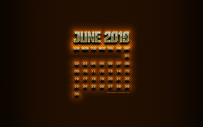 De junio de 2019 Calendario, naranja vidrio d&#237;gitos, de junio de 2019 calendario, fondo naranja, creativo, de junio de 2019 calendario con vidrio d&#237;gitos, el Calendario de junio de 2019, junio de 2019 2019 calendarios