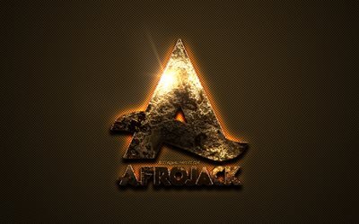 Afrojack gold-logotypen, kreativ konst, guld konsistens, Holl&#228;ndska DJ, brun kolfiber konsistens, Afrojack guld emblem, Afrojack, Nick van de Wall